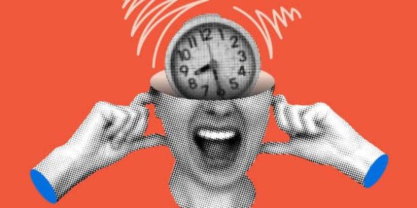Deadline concept. Modern collage with indignant female head with an alarm clock inside. Woman plugging her ears with her fingers. Halftone alarm clock is ringing. Trendy vintage newspaper parts